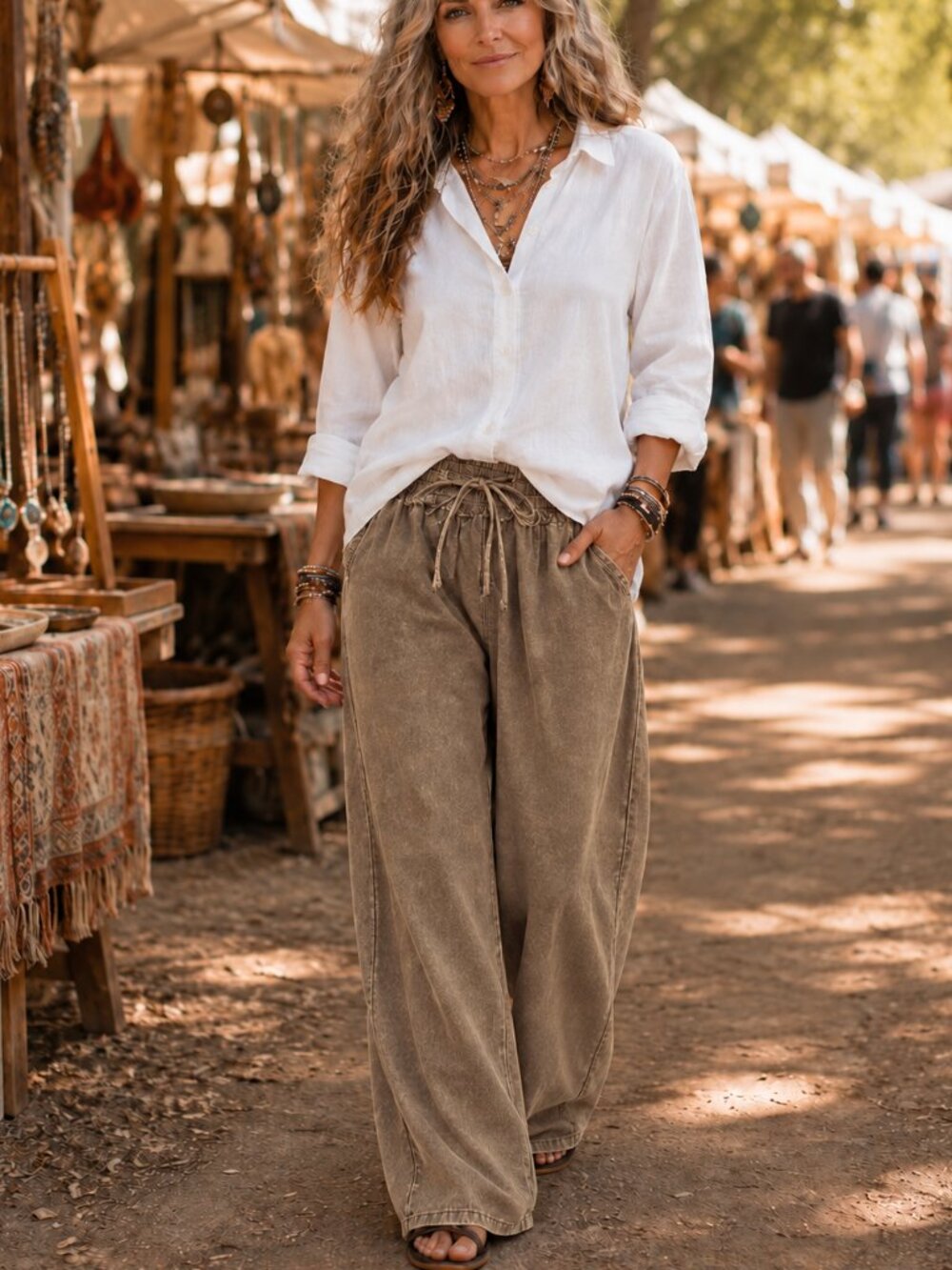Zenana 100% Tencel Ash Mineral Wash Wide Leg Boho Flowy Pants NWT - Picture 5 of 12